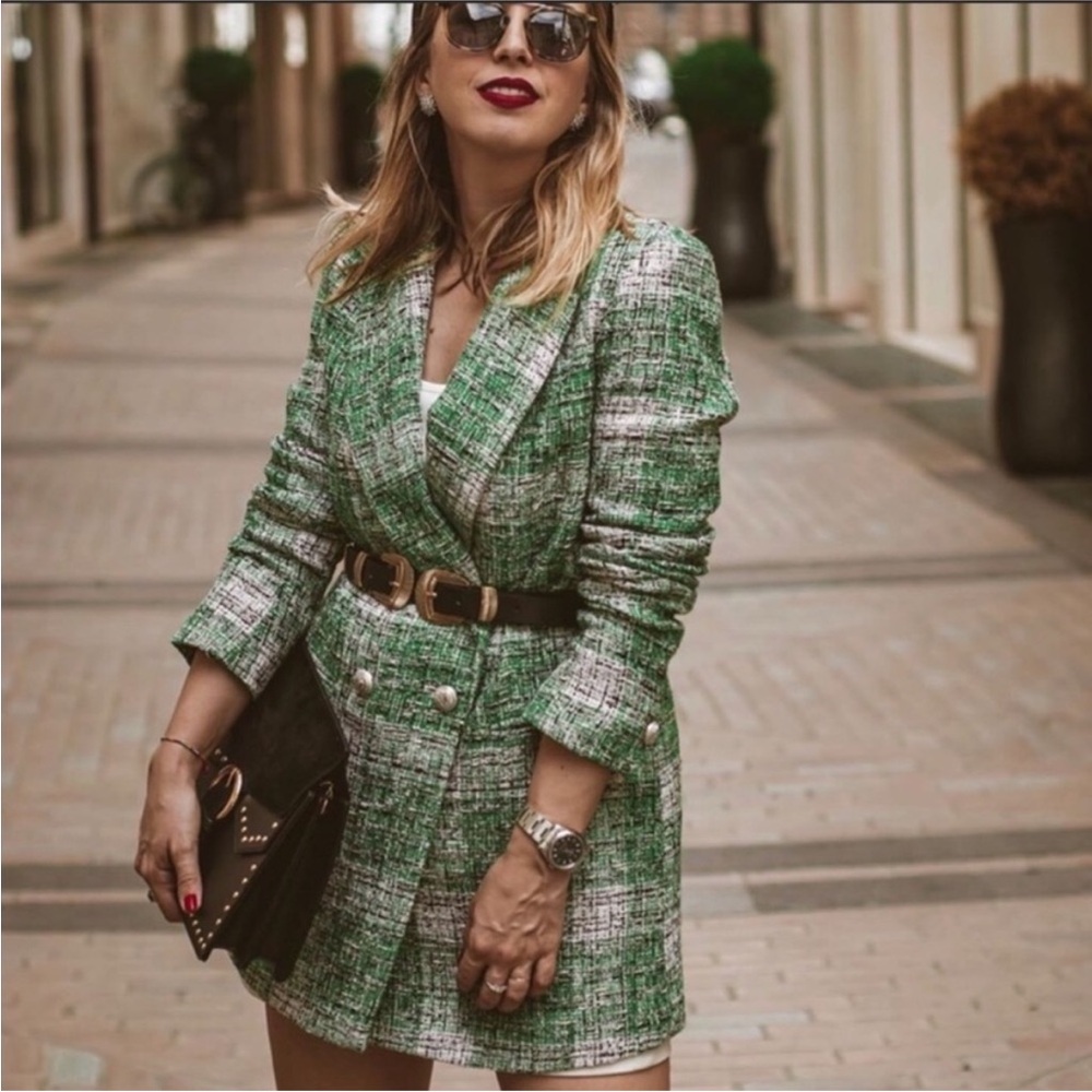 Zara Emerald and Ivory Tweed Blazer